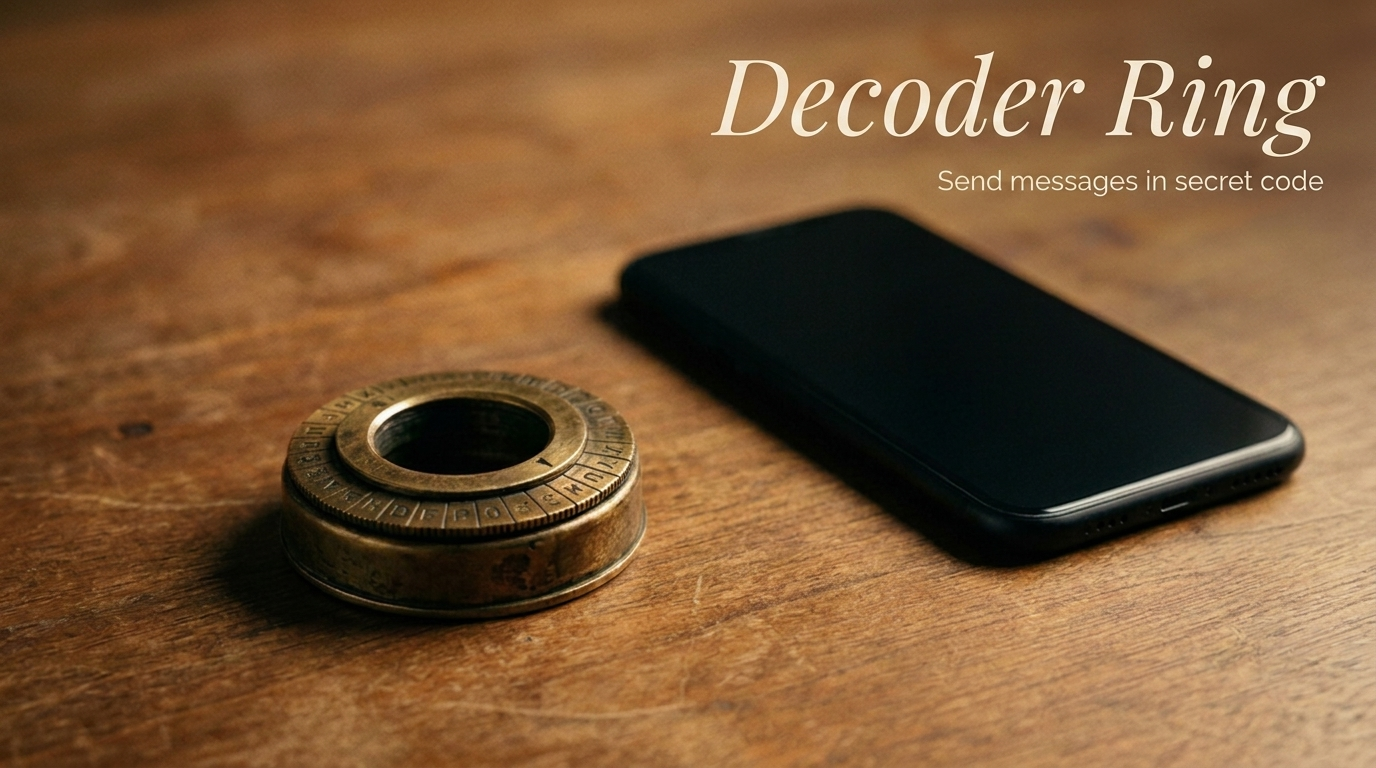 A vintage brass decoder ring beside a modern iPhone on a warm walnut desk. Decoder Ring — Send messages in secret code.