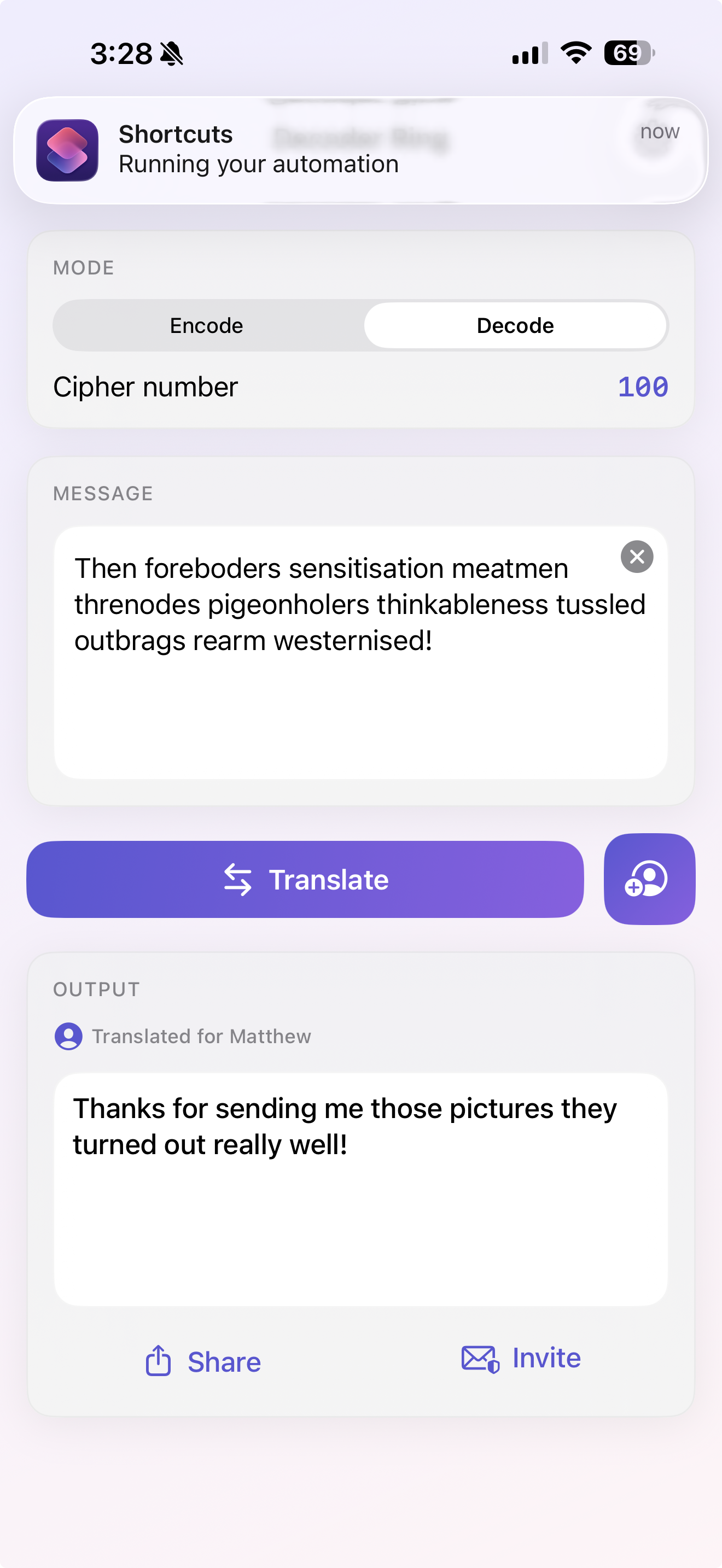 Main screen after an auto-decoded message from a saved contact